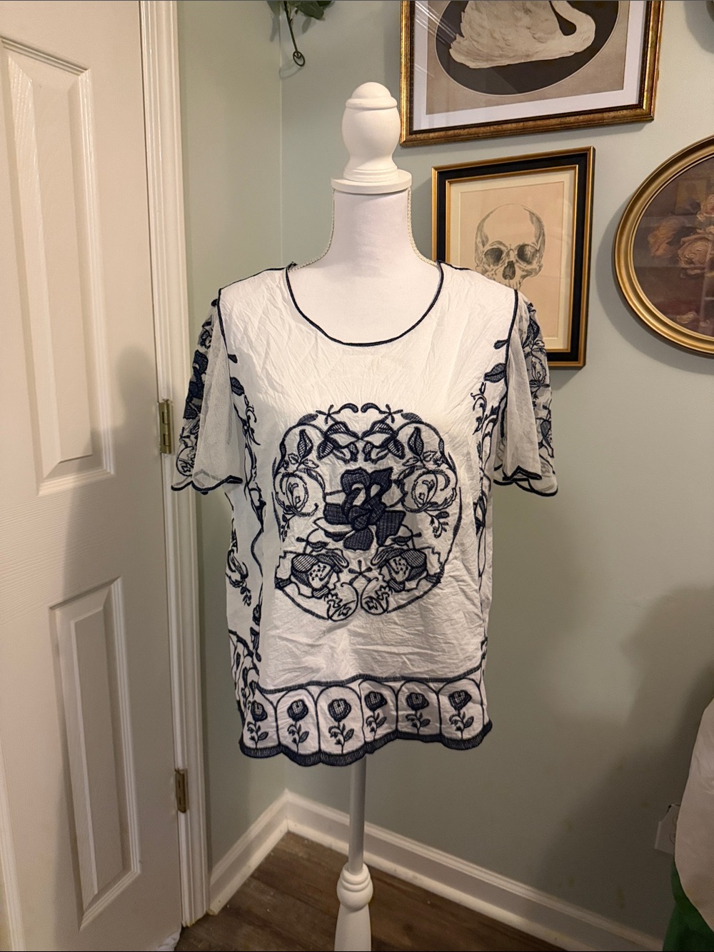 Cato White Short-Sleeve Tunic with Navy Floral Embroidery